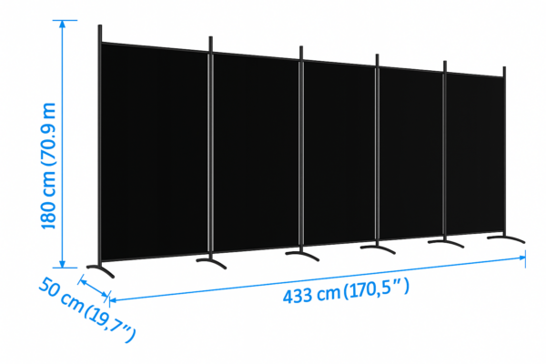 Parawan 5-częściowy czarny, składany 433x180cm