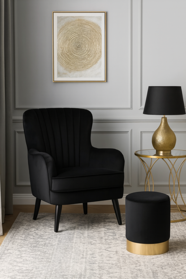 Pufa, stołek aksamitny czarno-złoty 28x36 cm, stylowy taboret